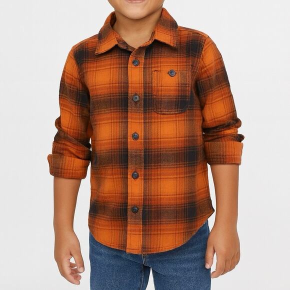NWT Old Navy Orange Plaid Flannel Button Down Shirt Boys 4T 100% Cotton Fall - Picture 1 of 8